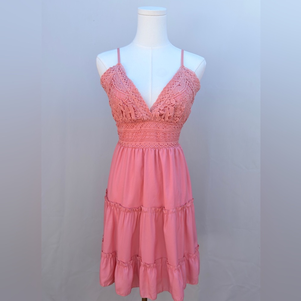 coquette coral pink lace mini dress  open back cottagecore fairycore S ecowish